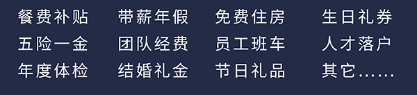 HJC黄金城平台员工福利：餐费补贴、五险一金、年度体检、带薪年假、团队经费、结婚礼金、免费住房、员工班车、节日礼品、生日礼券、人才落户、其它……